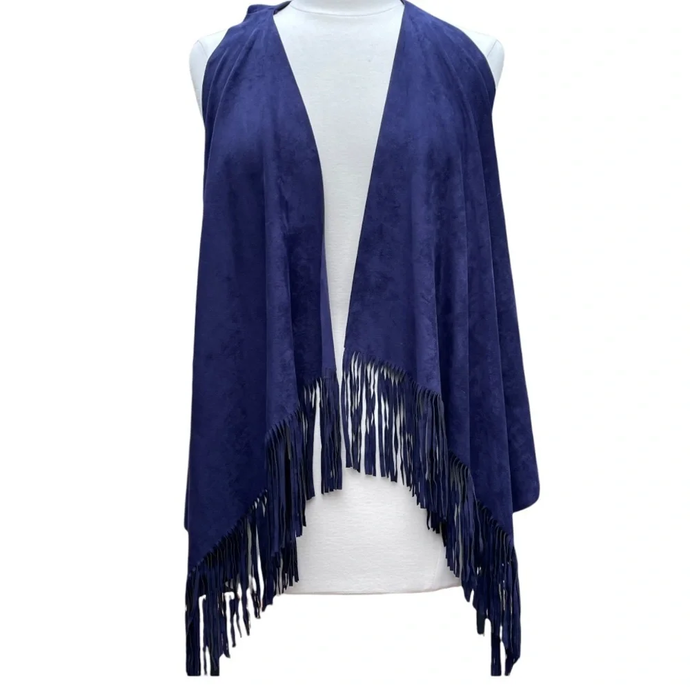 INC Suede Fringe Western Ranch Revival Boho Vest Blue Indigo New XS